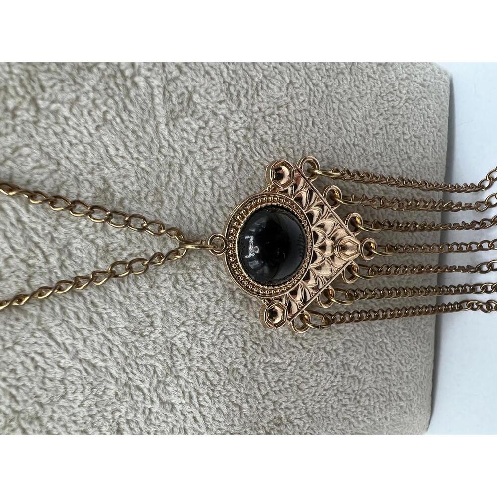 Vintage Style Gold Tone Necklace with Black Pendant and Chain Fringe - Picture 3 of 8
